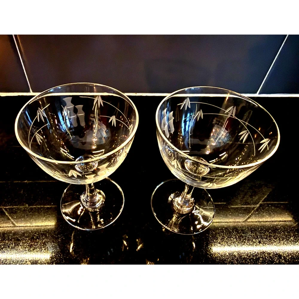 Noritake Sasaki Bamboo Etched Design Glass Cordial Glasses Set Of 2 Vintage
